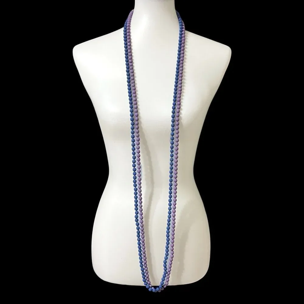 Vintage 80s Glass Bead Necklace Set Purple Blue Long Layering Festival Retro 58